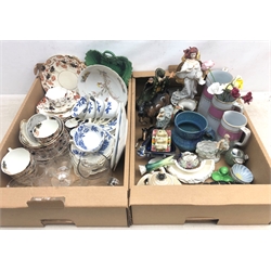  Victorian Foley trio, Foley blue and white teaware, etched drinking glasses, Beswick bay horse and foal, Masons ironstone jug, Victorian Staffordshire Swan, triangular glass dish, Franklin Mint Destiny figure and other Victorian and later ceramics and glass in two boxes  
