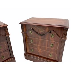Pair walnut finish bedside chests, each fitted with three drawers 