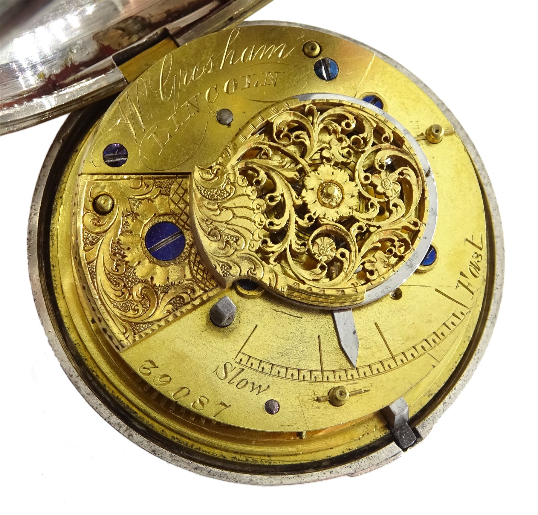 William IV silver pair cased verge fusee pocket watch by W. Gresham, Lincoln, No. 39087, round pillars, engraved and pierced balance cock, enamel dial with Roman numerals, case makers marks J.W, London 1832