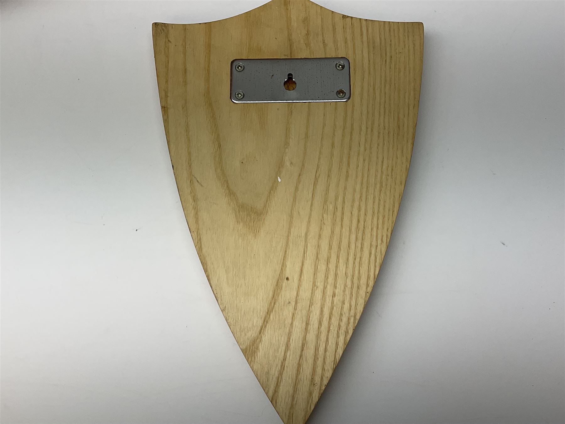Five wooden shield plaques for mounting taxidermy of various sizes, largest H67cm, D51cm. 