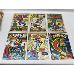 Collection of bronze age Marvel comics (1973-1976). Spider-Man Comics Weekly (1973-1976) nos 8-12, 14, 19-34, 75, 92, 95-97, 101-103, 106, 108, 109, 111, 115, 116, 121-132, 152, 155 and 156. Super Spider-Man with the Super-Heroes (1976) nos 161, 166-170, 177-182. The Mighty World of Marvel starring the Incredible Hulk (1974-1975) nos 102-04, 113-129 (excluding 115 and 120), 134, 135, 140, 143, 153-156, 158, 170, 172 and 182 (89)