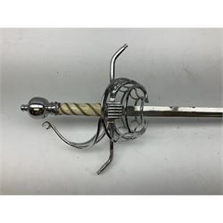 Replica knight's longsword, the 91.5cm double-edged steel blade with basket hilt and wire-bound bone grip with spherical pommel, in leather scabbard L112cm overall