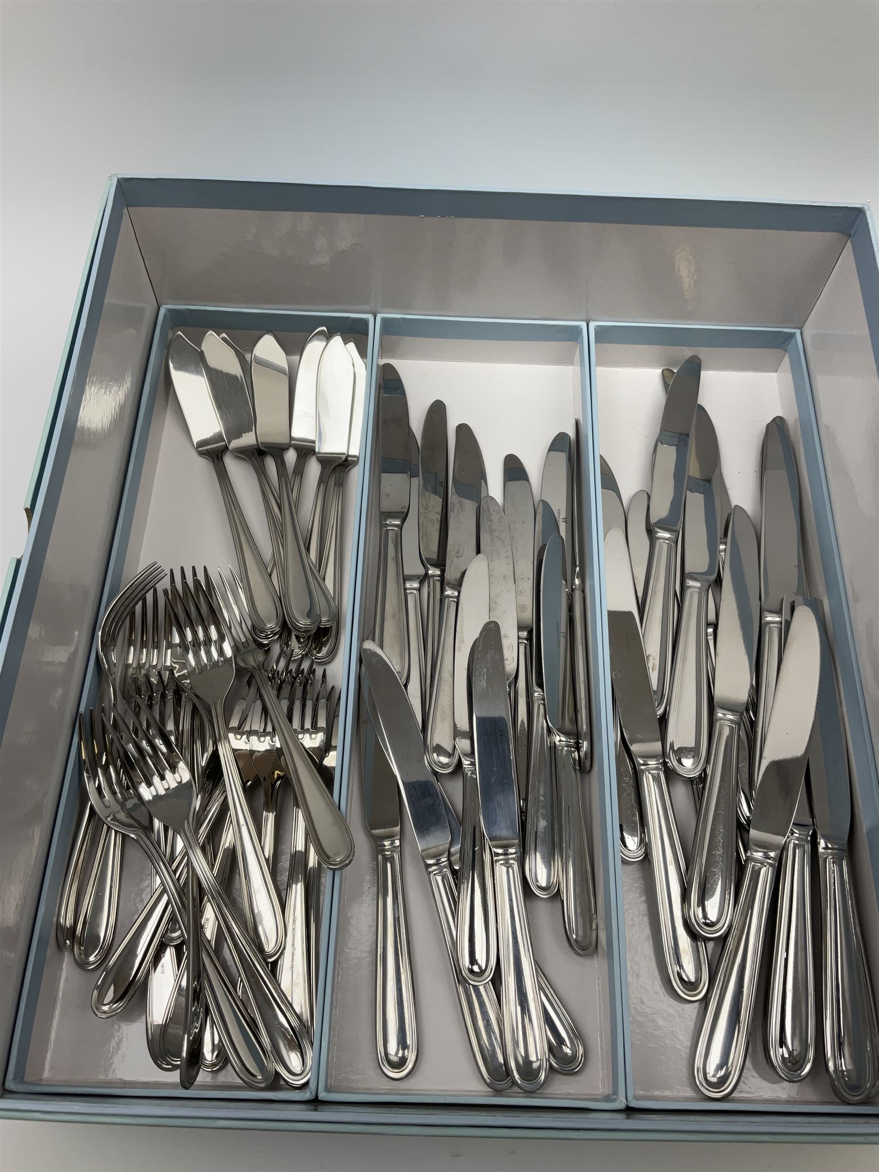 Wedgwood cutlery service, for sixteen with the exception of fifteen dinner knifes, twenty two small forks, and seventeen dessert spoons. 