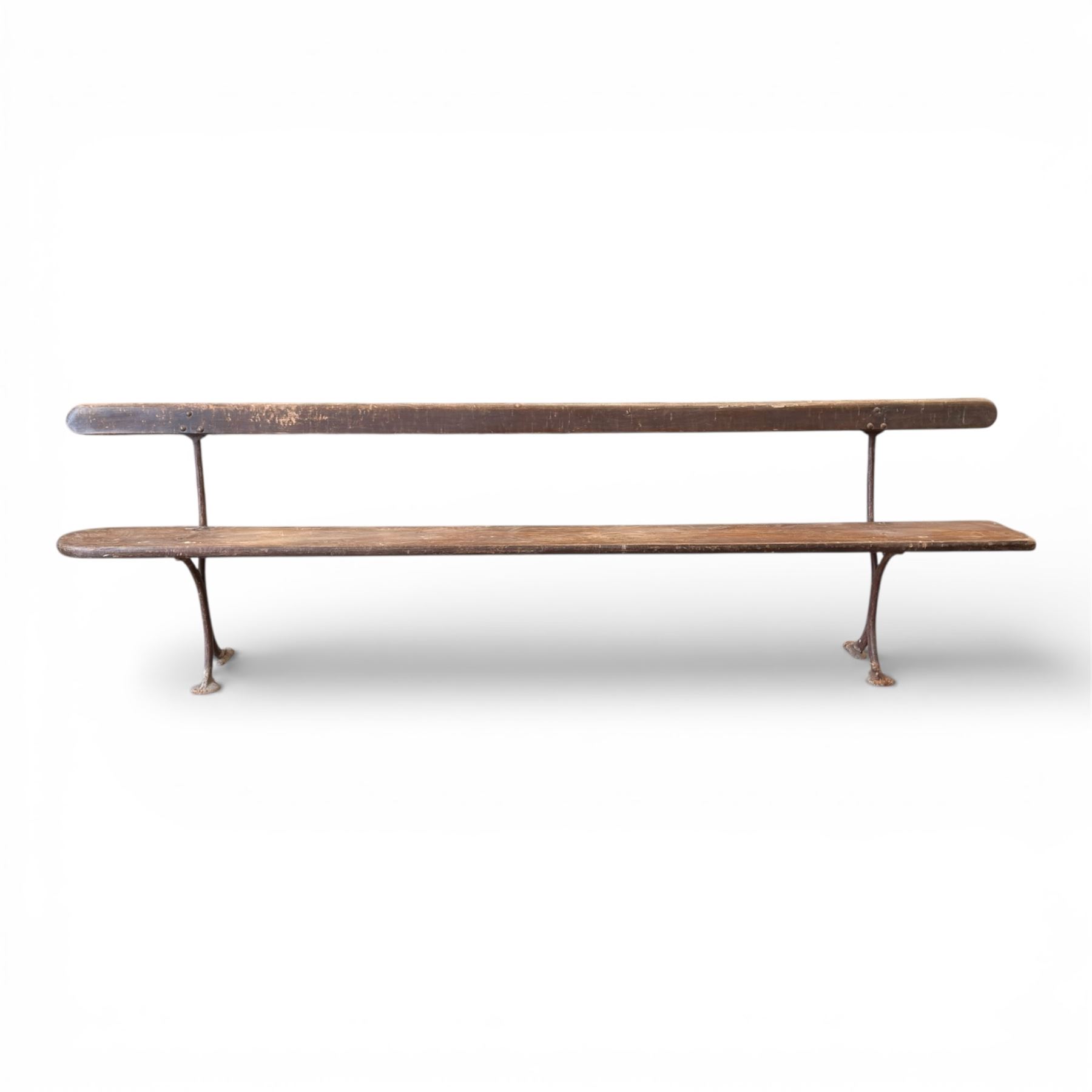 Early 20th century cast iron and painted wood bench, plank seat and back