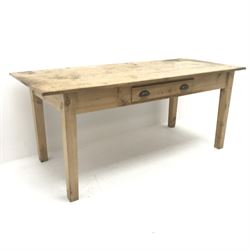 Rectangular pine farmhouse table, single drawer, square supports W188cm, H79cm, D79cm 