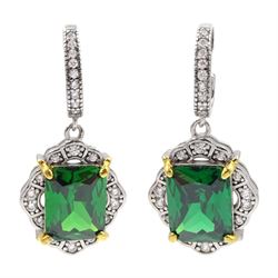Pair of silver green stone and cubic zirconia cluster pendant earrings, stamped 925 