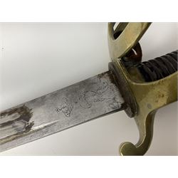 19th Century German (Saxony) Cavalry Sword, the 90.5cm single edge curved steel blade with narrow fuller to the back edge at each side, engraved with a crowned AR monogram and coat of arms, stamped with crowned AR, the back edge engraved C.v Keller im Solingen 1862, the brass half basket hilt with three flat curved bars, applied badge missing, marked G.R. 4, with ribbed leather covered grip and leather finger strap; in steel scabbard with two fixed suspension rings to one side and stamped G.R. II 118; L109.5cm overall