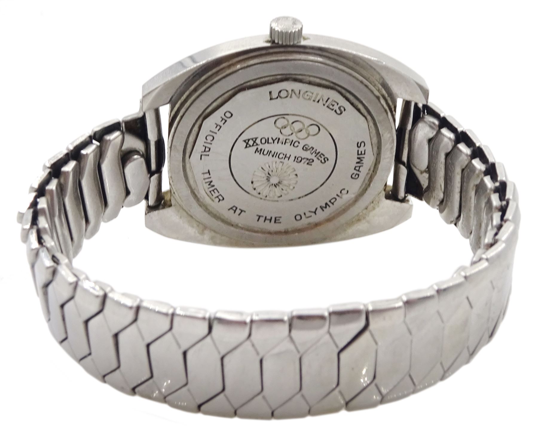 Longines Admiral HF gentleman's stainless steel manual wind wristwatch, Ref. 2303, Cal. 6942, the back case engraved Olympic Games Munich 1972, on expanding stainless steel strap