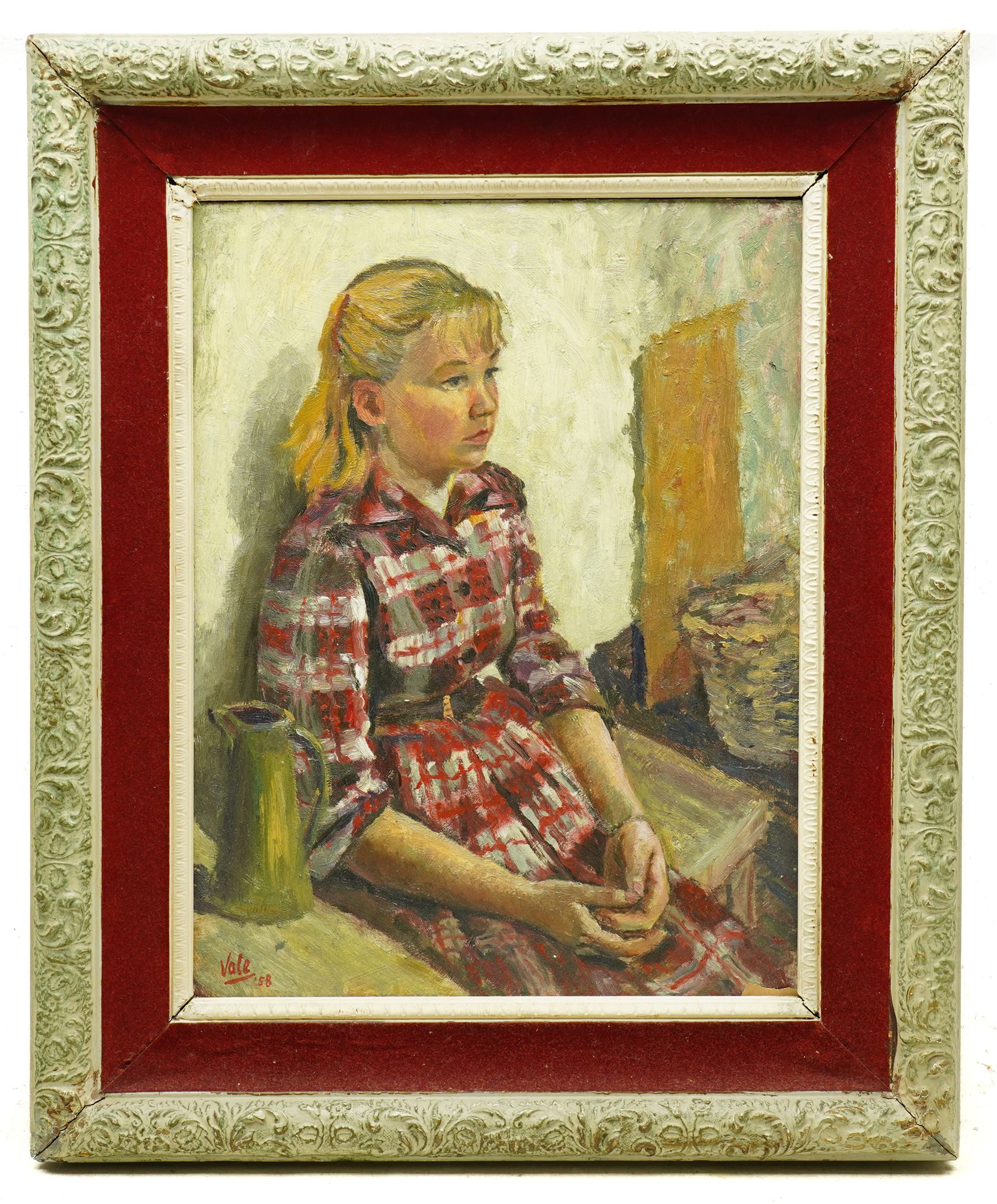 Brian Vale (British 1930-2008): Portrait of a Girl with a Green Jug, oil on canvas signed and dated '58, 45cm x 34cm