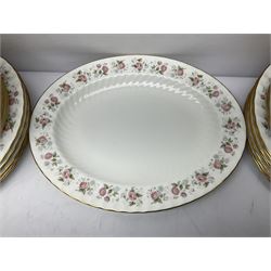 Minton Spring Bouquet pattern dinner and tea service, comprising dinner plates, twin handled tureens with covers, meat platter, teapot, milk jug, sugar bowl with cover, tea cups and saucers, bowls, cake plate, side plates, dessert plates, etc all with printed mark beneath (82)