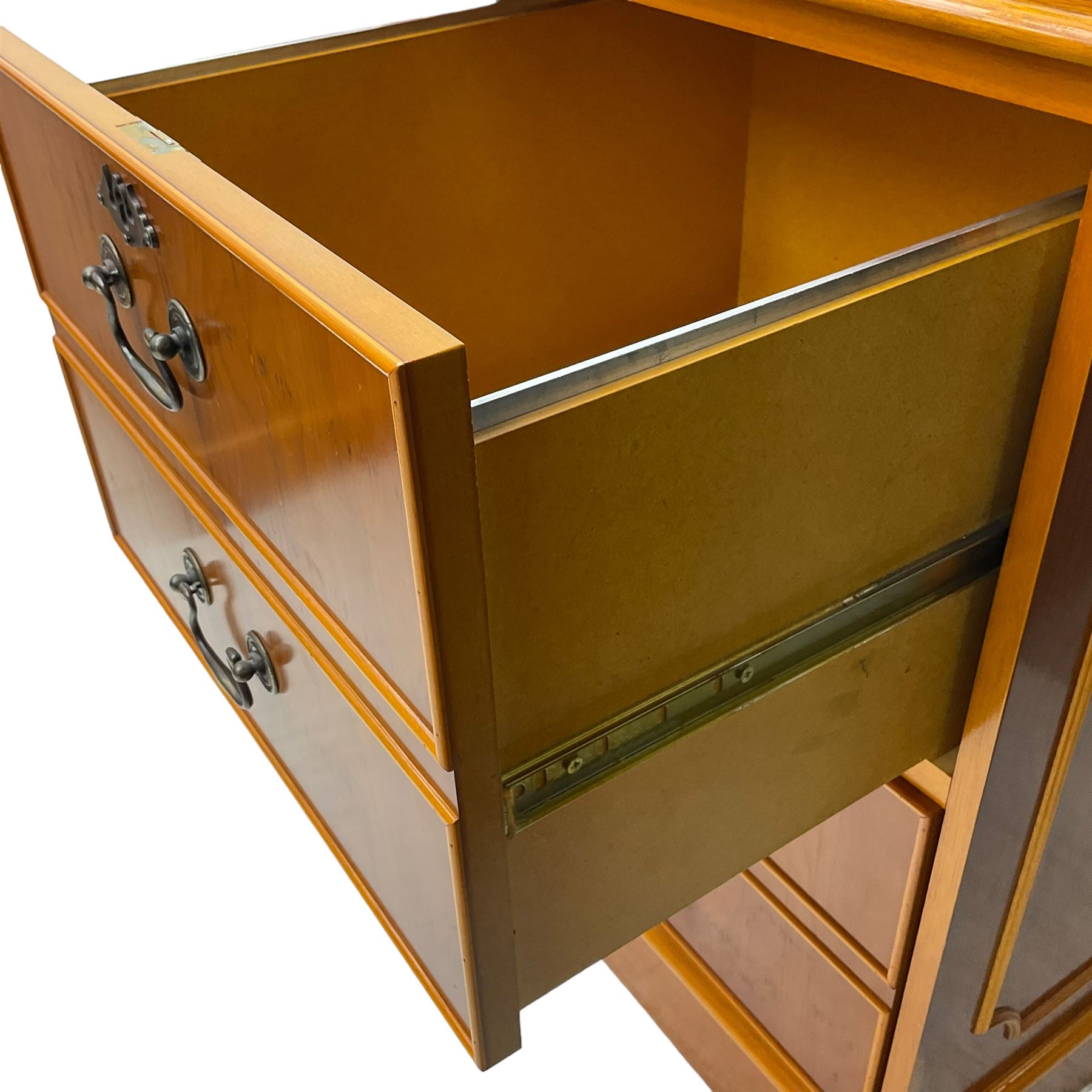 Georgian design yew wood filing cabinet, moulded rectangular top with inset leather, fitted with four cock-beaded filing drawers, on skirted base