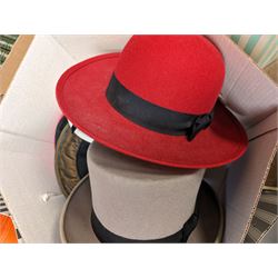 Collection of vintage hats, including fascinators, straw hats, top hat, etc, together with Selfridges and other hat boxes