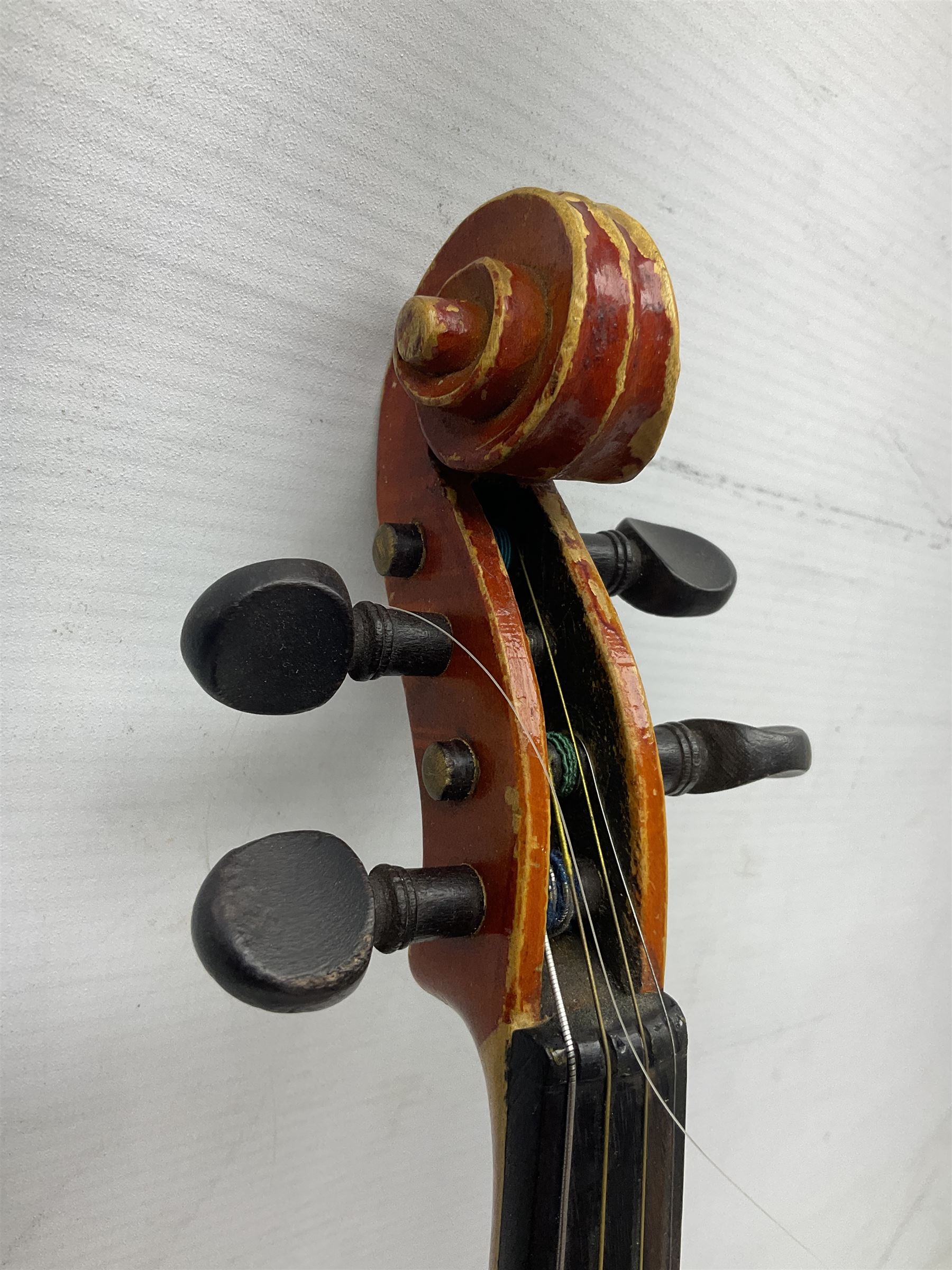 Two three-quarter size violins - German Saxony with 34cm one-piece maple back and ribs and spruce top; L56cm overall; and Hungarian with 34cm two-piece maple back and ribs and spruce top; L56cm overall; each in carrying case with bow (2)