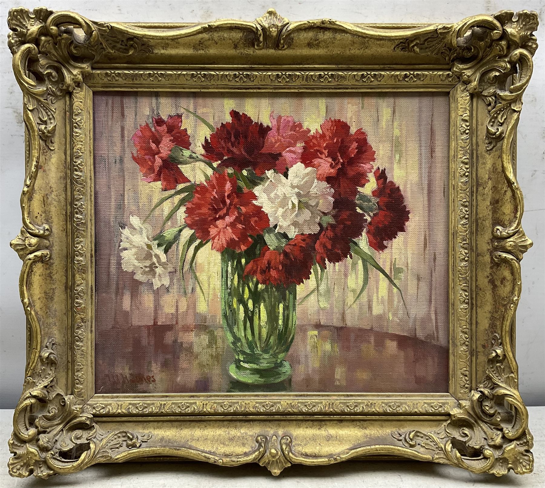 W H Jones (20th century): Still Life of Carnations, oil on canvas board signed 29cm x 34cm
Provenance: with James Starkey Galleries, Beverley, East Yorkshire