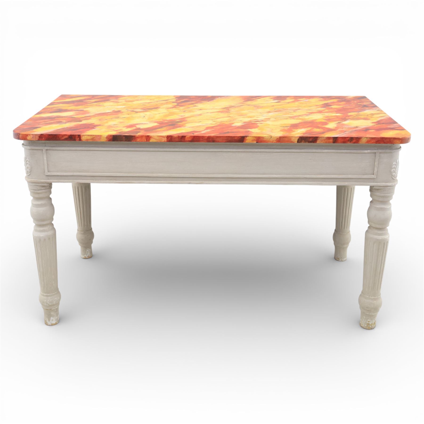 A pair of 19th century style pine console tables, with rectangular simulated marble top over a painted frieze, raised on fluted and turned tapering legs