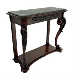 19th century Irish mahogany console table, with green canted marble top and figured frieze with carved scrolled foliage mount, acanthus carved cabriole supports with claw feet and shaped moulded plinth