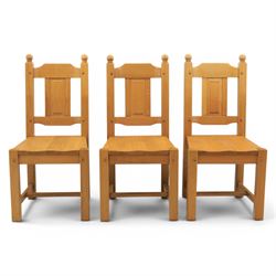 Contemporary solid oak dining table, and set of eight chairs, rectangular plank top with chamfered edges, raised on square supports
