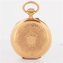 Early 20th century 18ct gold open face keyless lever fob watch by A. Bornand, Montreux, No. 6907, white dial with Roman numeral hour markers, sixty minute outer ring and subsidiary seconds dial, case with engraved foliate decoration and empty cartouche, stamped 18K with Helvetia hallmark