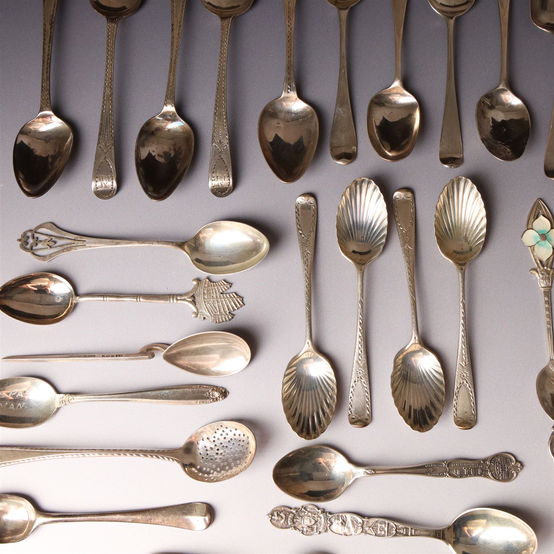 Collection of assorted silver teaspoons, souvenir spoons with enamel decoration etc