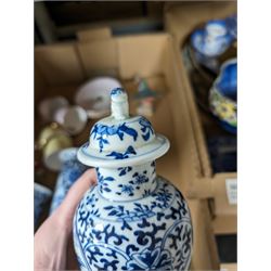 Pair of blue and white vases, together with matching vase and cover and other ceramics