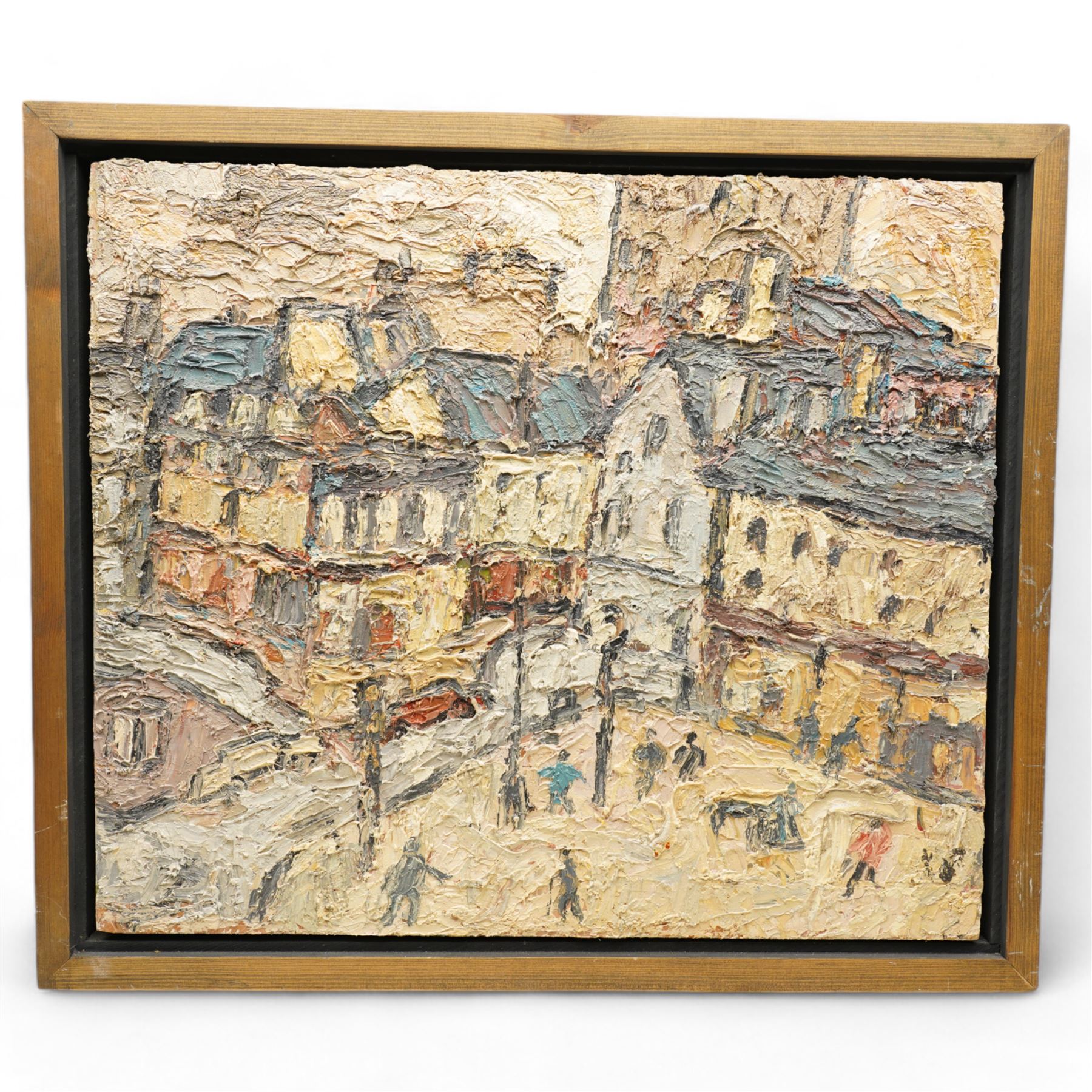 Barry De More (Yorkshire 1948-2023): 'Huddersfield Street Scene No1', oil and impasto on board signed titled and dated 2012 verso 45cm x 53cm
Notes: Acclaimed as one of the North's greatest expressionist artists, Barry De More (1948-2023) used a heavy impasto style to transfer his love of Yorkshire landscapes, townscapes and people to canvas. His work sits comfortably in the company of work by Kossoff and Auerbach, selling to collectors in the UK and overseas. De More's work can be found in the permanent collection of work by Northern Artists at Dean Clough, one of the UK's largest contemporary art galleries.