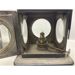 Railway interest - Lamp Manufacturing & Railway Supplies Ltd  Welch patent BR(E) lamp (M), with hinged copper upper section and hinged side door with maker's label, on square base H24cm; and another railway inspection type lamp (2)