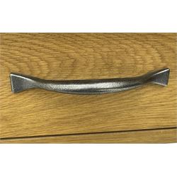 Laura Ashley - contemporary Milton oak console table, rectangular top over two drawers with pewter effect bow handles, on square legs supported by stretcher 