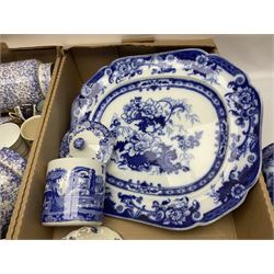 Blue and white ceramics, including large meat platter and soup tureen, together with a collection of tea wares and other ceramics, in two boxes