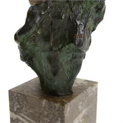 Bronze bust of a boy wearing a hat, upon a stepped marble base, H37cm