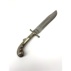 Large Bowie knife, the 20cm steel blade marked R. Coope(r?) Sheffield England, with plated crosspiece and pistol grip embossed with scrolls and anthemion, in plated and leather scabbard L33cm overall
