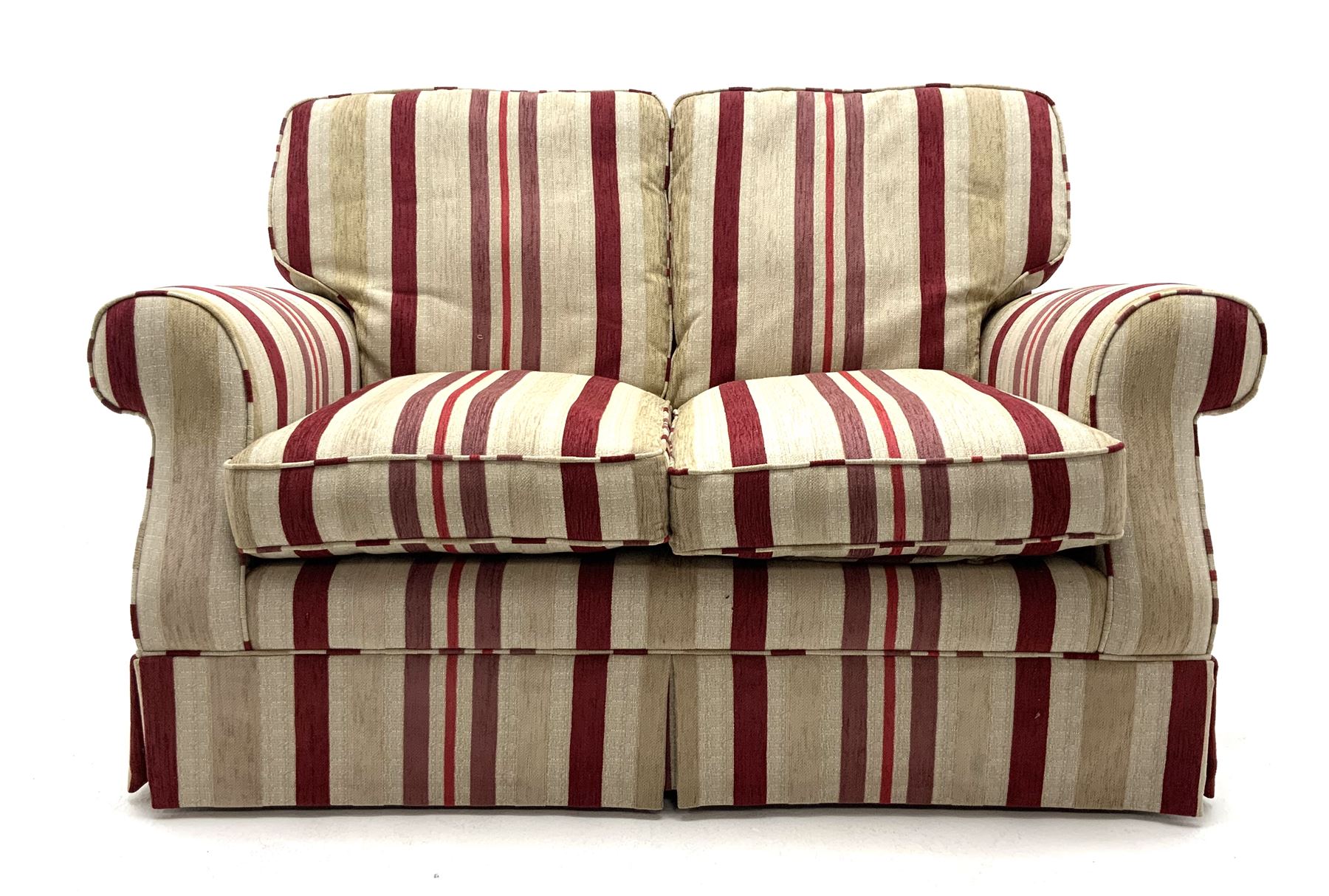 Two seat sofa upholstered in beige and red stripe fabric
