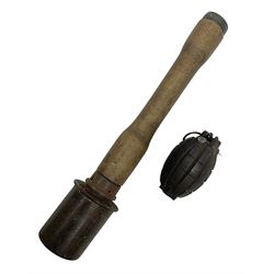 WW1 practice Mills bomb stamped 'A.L. & Co 1917 No.23 Mk.II' H10cm; and reproduction WW2 German stick grenade (2)
