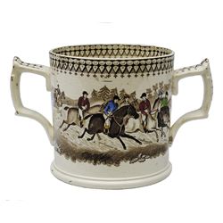 A 19th Century Staffordshire Loving Cup, decorated in the Steeple Chase pattern, by J & R Godwin, with printed mark beneath. 