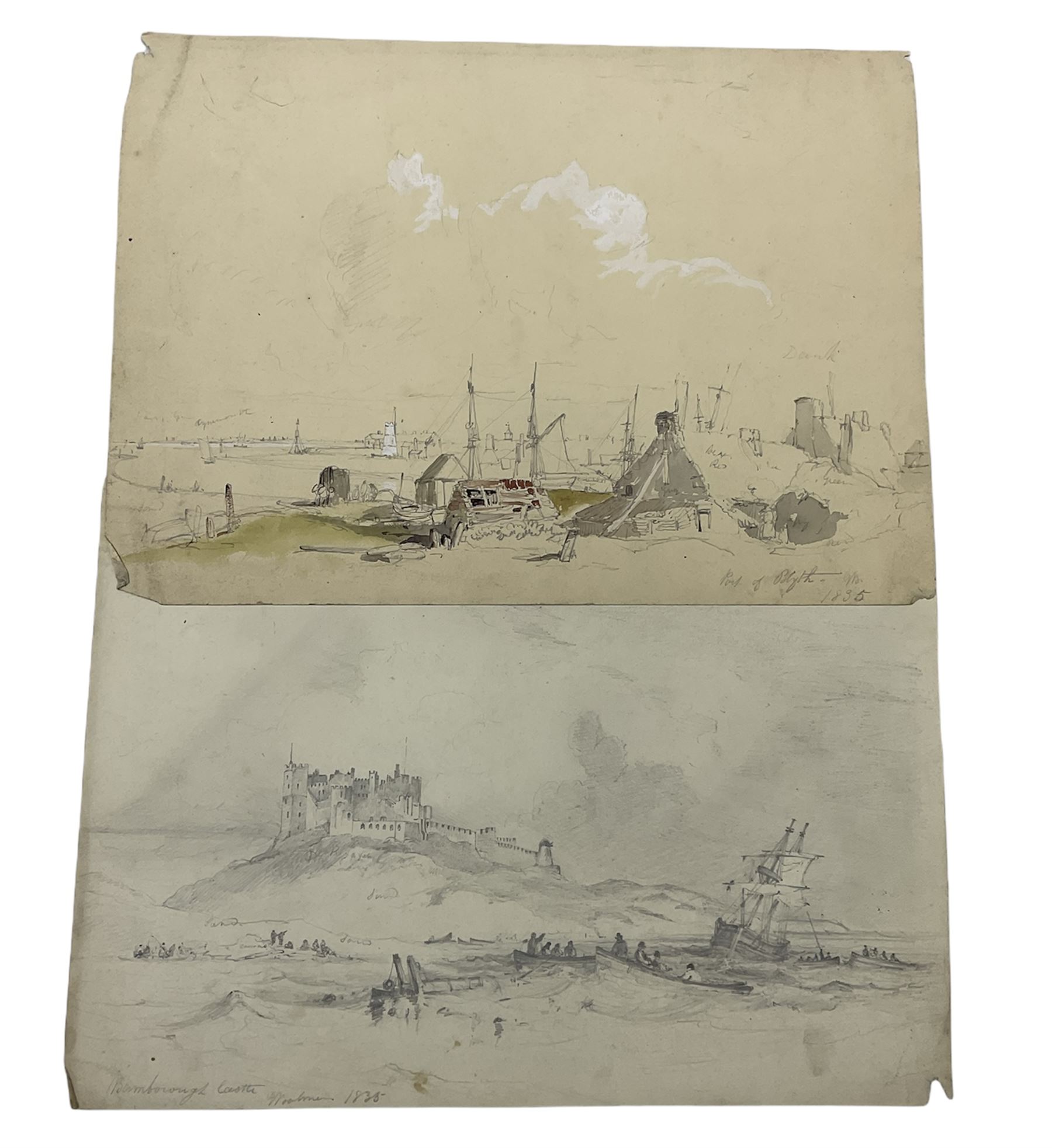 George Balmer (British 1806-1846): 'Dunstanborough Castle' Berwick' 'Blyth' & 'Bamborough Castle', five pencil sketches highlighted in brown and white on grey paper signed titled and dated 1835, 23cm x 32cm; 'Bamborough Castle', 19th century pencil unsigned 34cm x 45cm (unframed) (6)