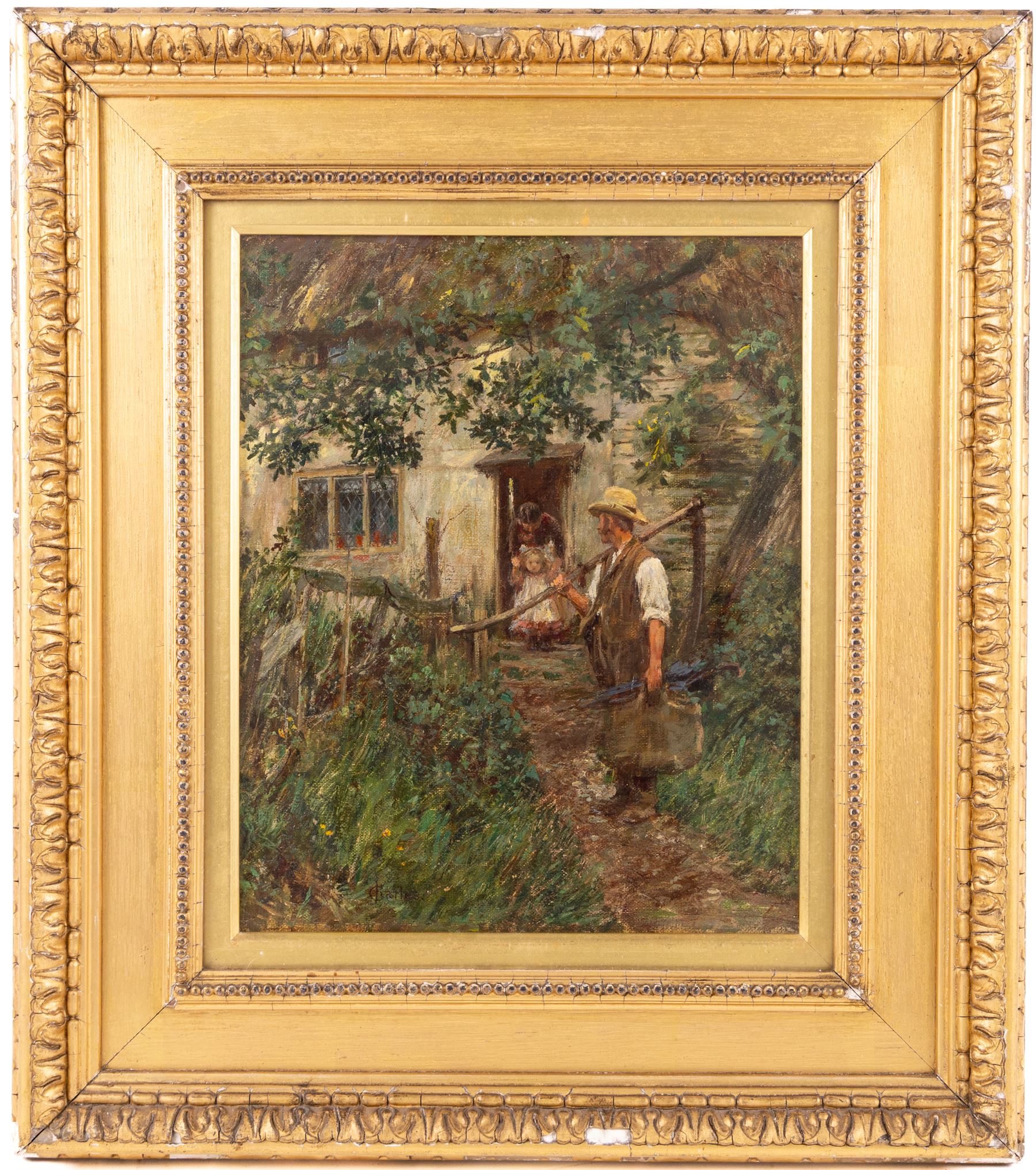 James Charles (British 1851-1906): The Reaper Leaving for Work, oil on canvas signed 31cm x 25cm