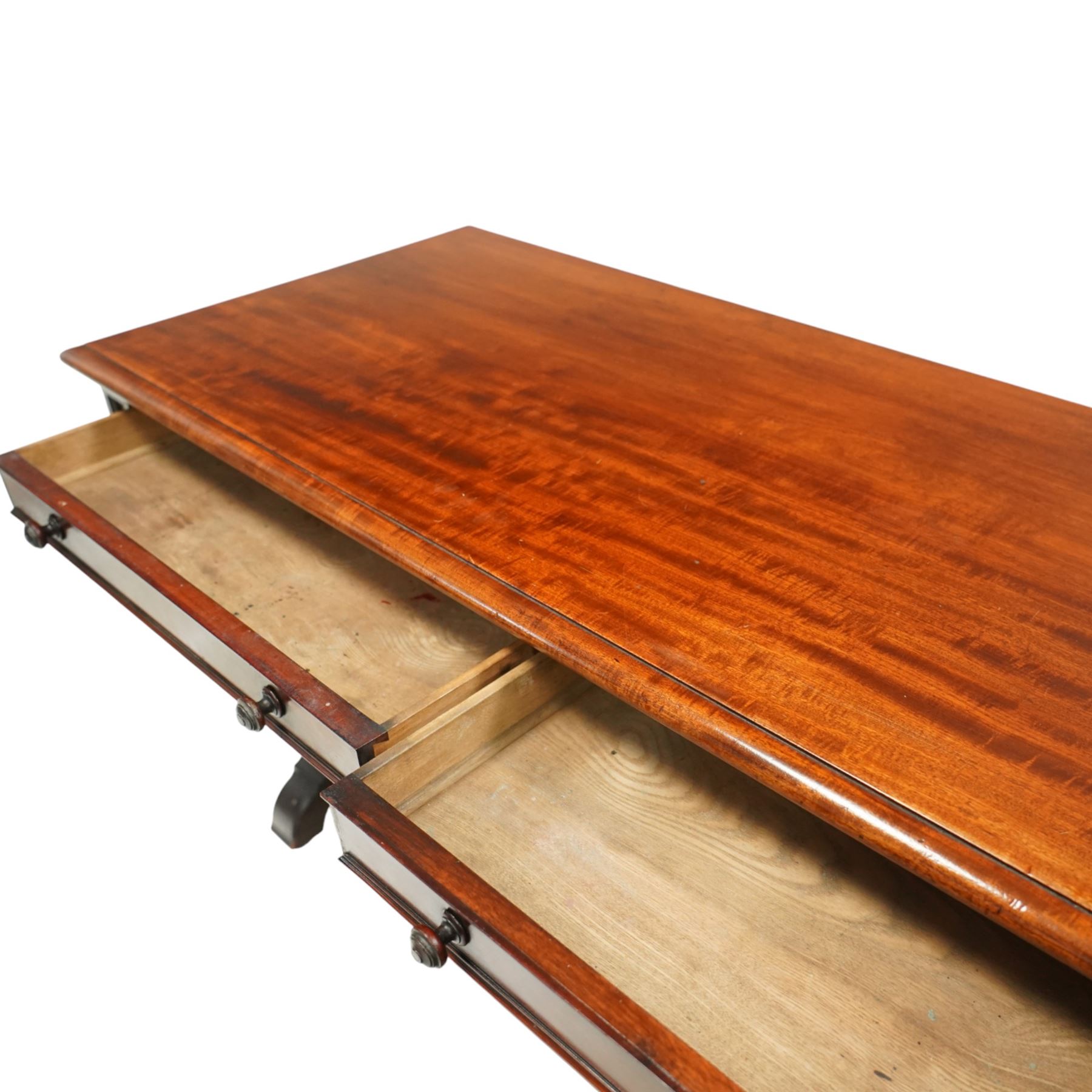 Victorian mahogany hall table, rectangular top with moulded edge over two frieze drawers with turned knob handles, raised on ring turned legs with bun feet, united by a ring turned stretcher