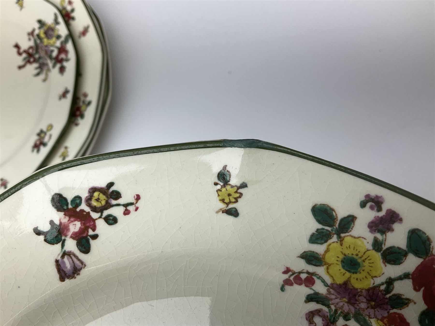 Royal Doulton part dinner service in Old Leeds Sprays pattern,  to include cheese dome, teapot and stand, egg cups etc, together with a selection of floral doilies.  