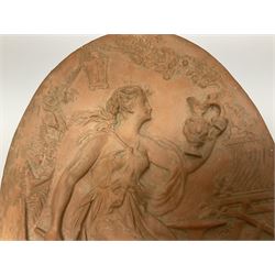 Pair of 19th century classical terracotta relief wall plaques depicting the goddess Hygeia and another goddess, seated holding an ewer, each of oval form, indistinctly signed, each stamped Ferreira verso, H42cm, W30cm