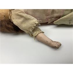 Victorian wax shoulder head doll with applied hair, inset glass eyes and jointed body with composition lower limbs; faded pink dress H35cm