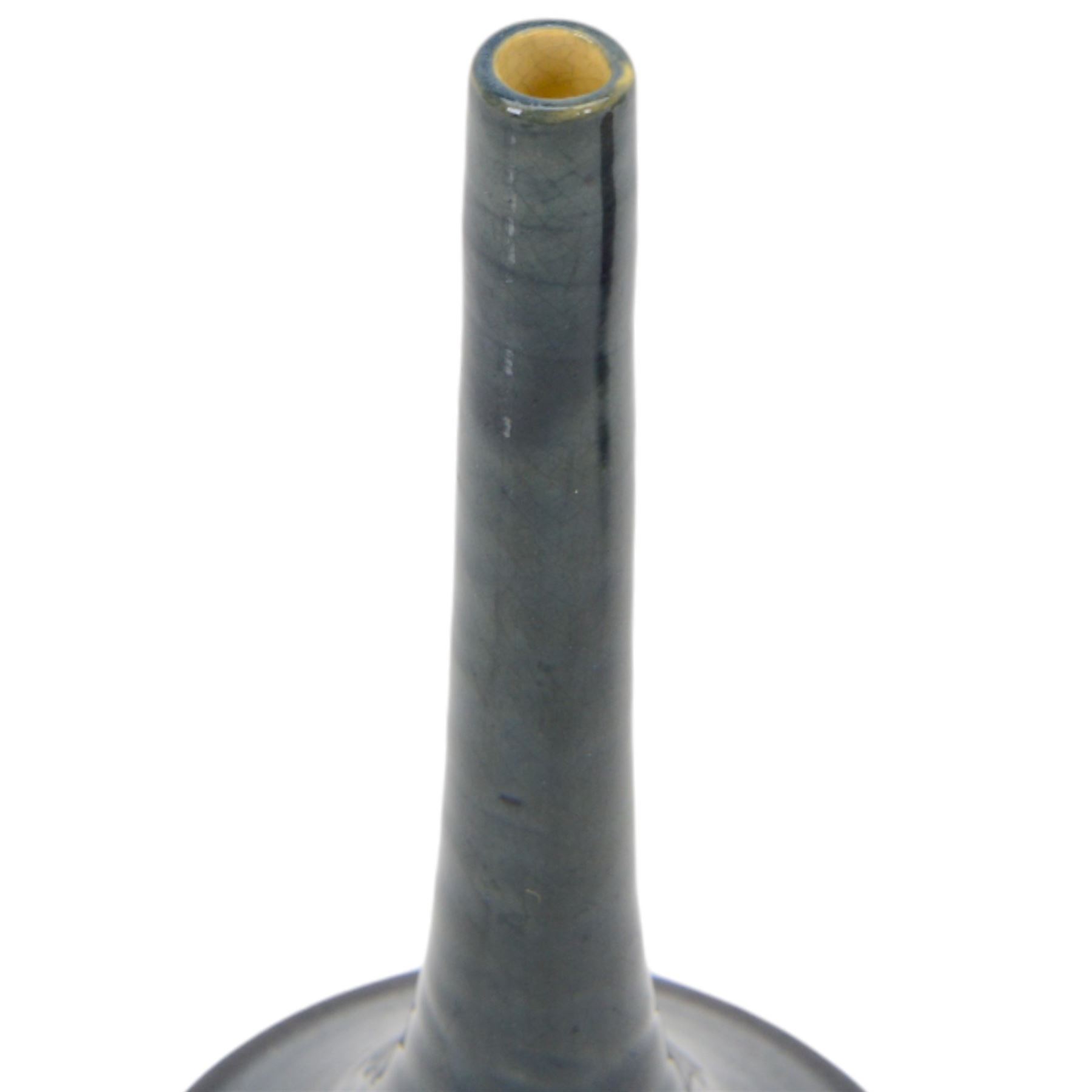 Early 20th century Jugenstijl vase by Aardewerkfabriek De Kat, Bergen op Zoom Pottery (1902-1918) attributed to Chris van der Hoef, of twin handled globular form in pinkish red glaze with cross motif to the body, impressed marks beneath, H11cm and another of angular form with elongated neck and blue glaze, H21cm