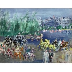 Jean Dufy (French 1888-1964): Parisian Street with Horse and Carriages, mid-20th century colour print 45cm x 58cm