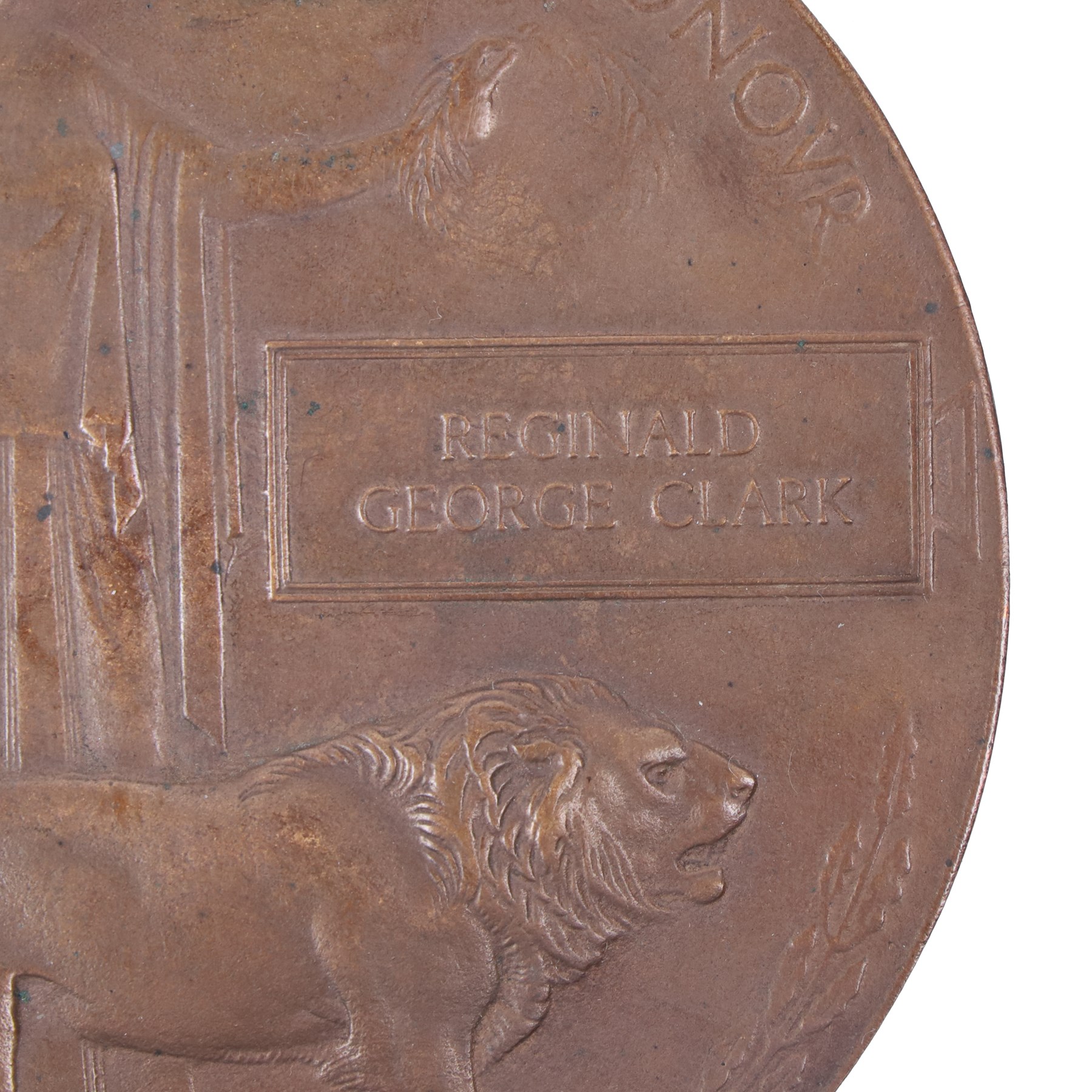 WWI bronze death plaque for Reginald George Clark, with card holder 