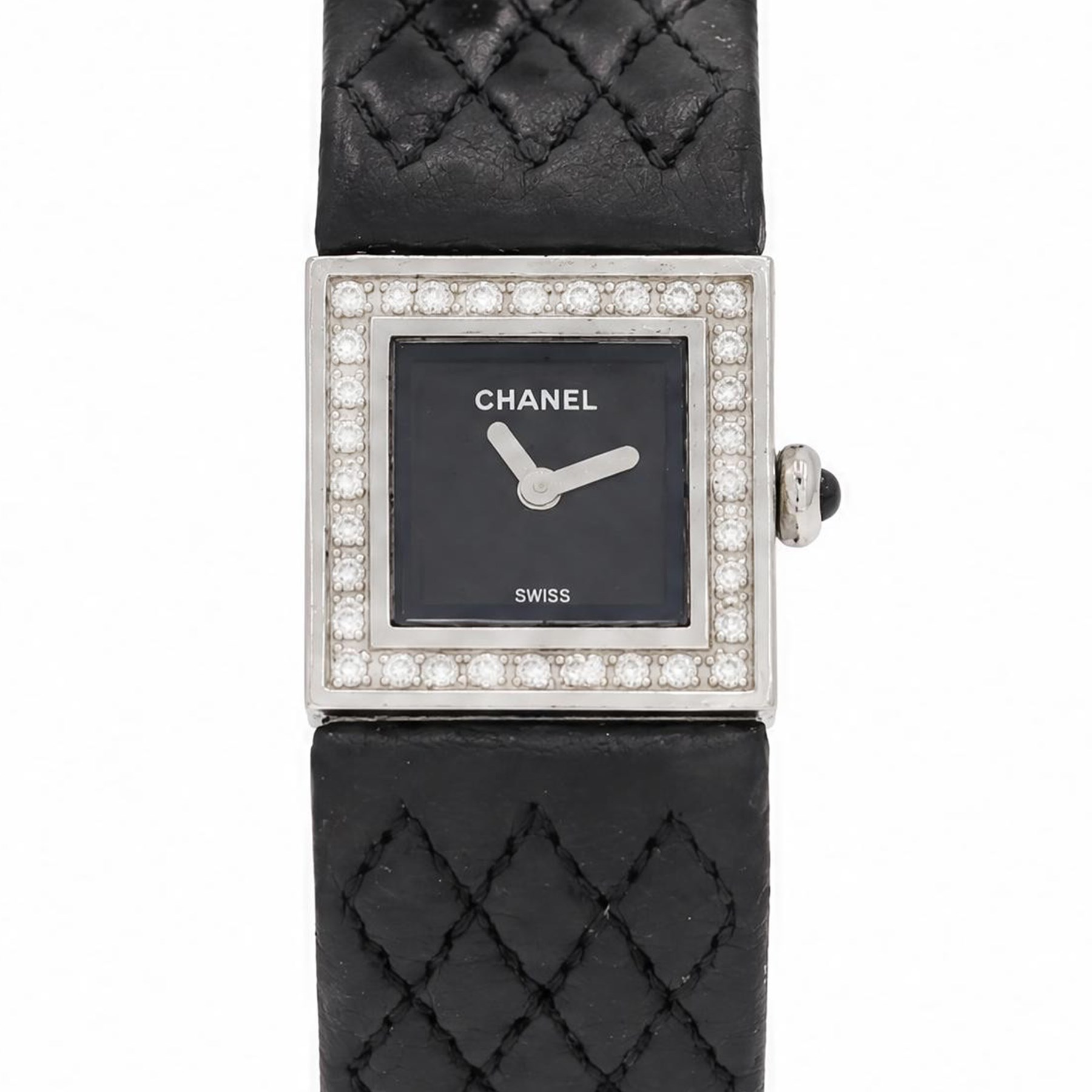Chanel Matelassé ladies diamond stainless steel quartz wristwatch, black quilted dial, with round brilliant cut diamond bezel, back case No. 77835 and dated 2003, on quilted leather strap with fold-over-clasp 