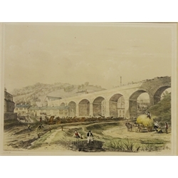  Chatsworth House and Duncomb Park, two 18th century engravings by H. Hulfbergh after Colen Campbell (British 1676 - 1729) and Todmorden Viaduct & Bridge, 19th lithograph by A. F. Tait hand coloured pub. Day & Haghe max 36cm x 50cm (3)  