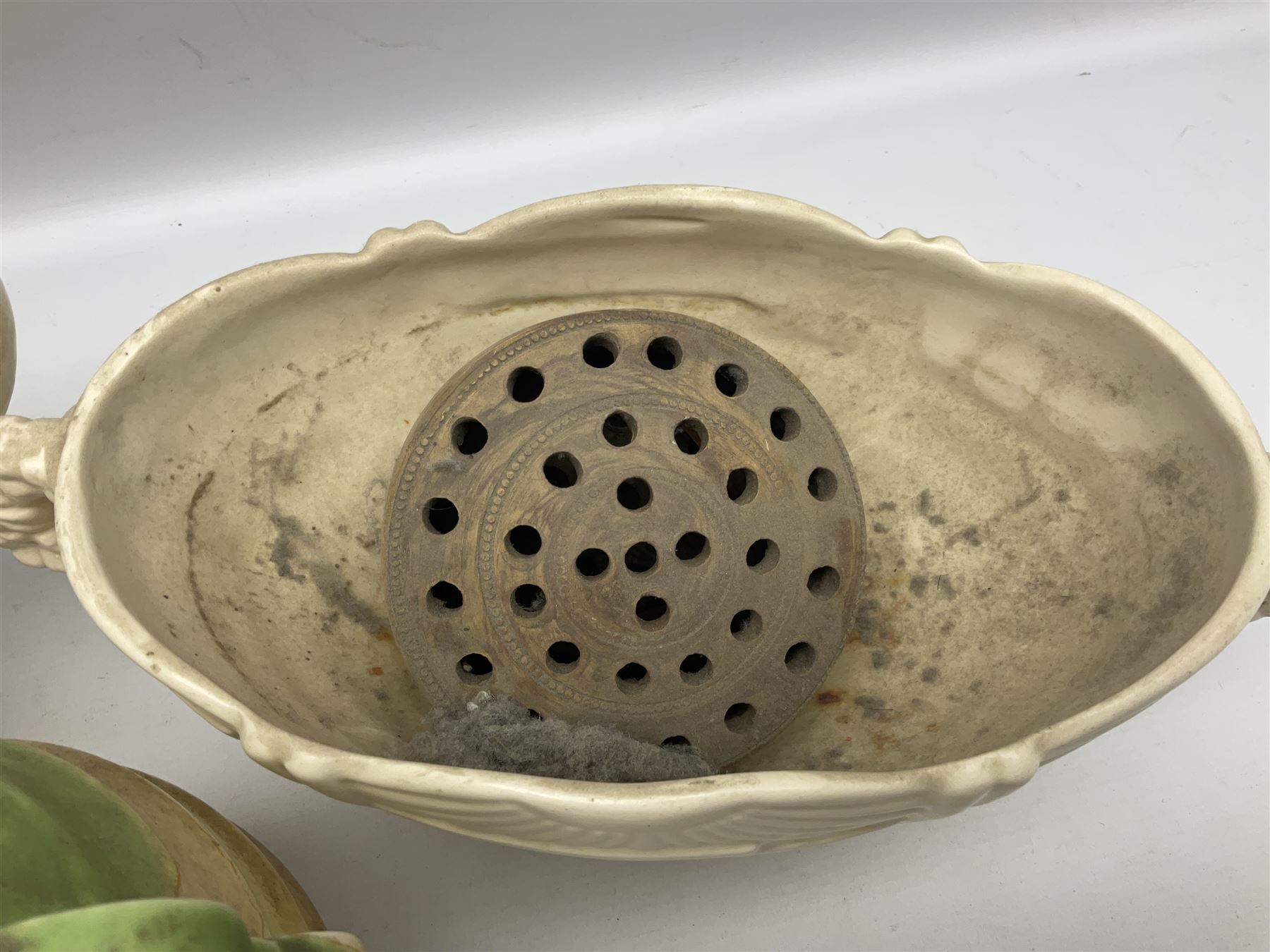 Two Arthur Wood twin handled vases to include one example in the Garden Wall pattern, together with a Beswick Ware merging green, yellow and cream vase, all with marks beneath, tallest H23cm