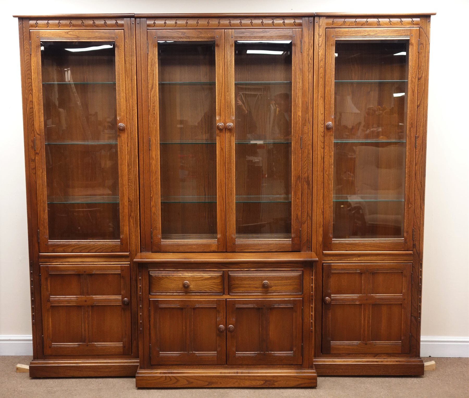 Ercol Mural breakfront bookcase display Golden Dawn elm finish