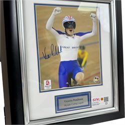 2016 Rio Olympics match used rugby ball, Women's Pool Round Canada vs Great Britain, with authenticity hologram and acrylic display stand, together with two limited edition signed London 2012 Olympic colour photographs, the first depicting Jessica Ennis crossing the finish line, with her signature in black marker pen, the second depicting Victoria Pendleton in celebration, with her signature to the left hand side in black marker pen, both with 2012 Olympic Memorabilia authenticity holograms, largest frame H60cm