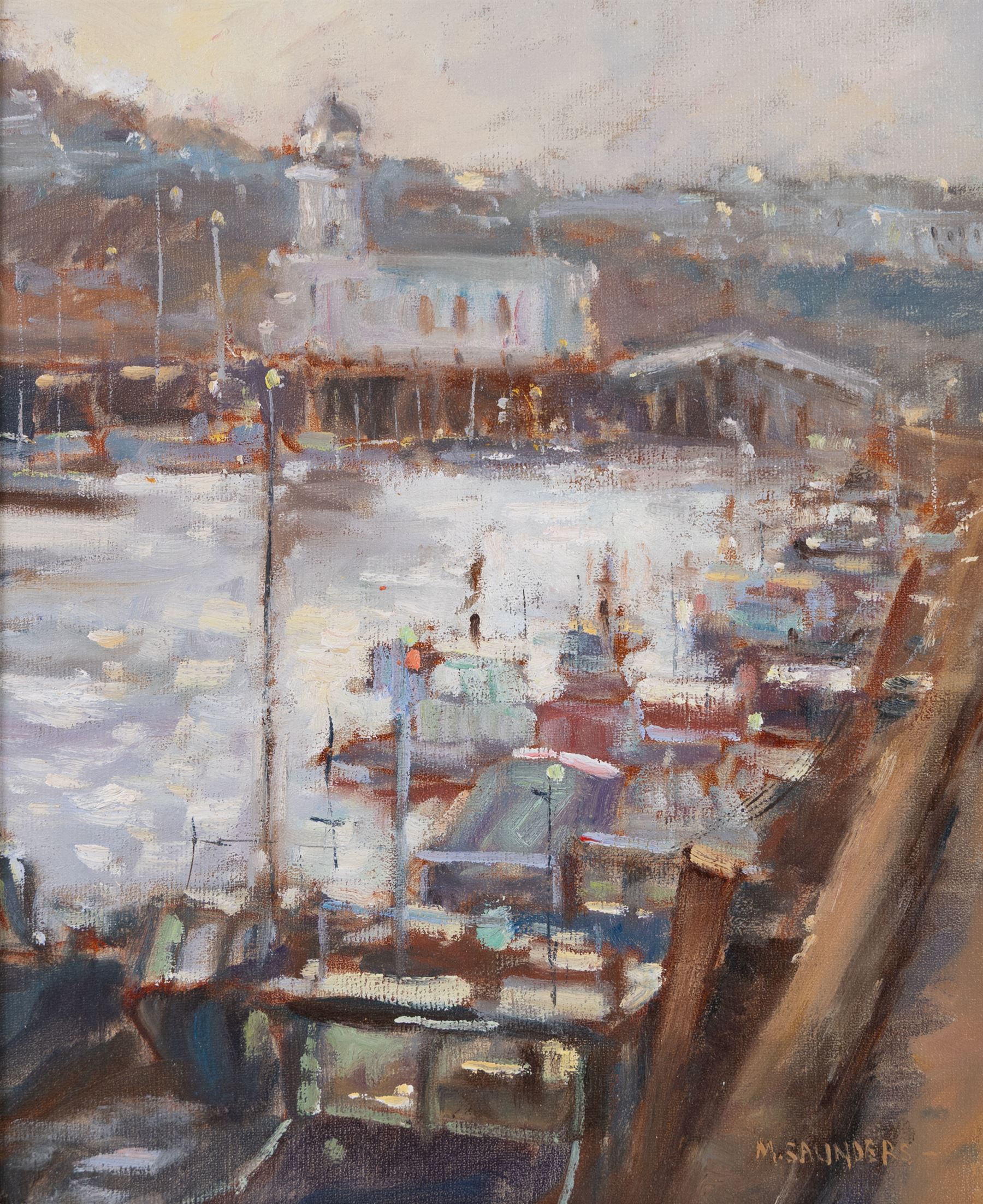 Michelle Saunders (British 1936-): 'Winter Light - Scarborough', oil on canvas board signed, titled verso 28.5cm x 23.5cm