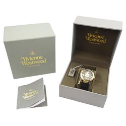 Vivienne Westwood Orb gold-plated quartz wristwatch, on original black leather strap, boxed