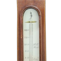 L. Solcha & Co. of Hull - 19th century Sheraton Revival mahogany wheel barometer, the swan neck pediment above a floral inlaid medallion and thermometer, with further shell inlay flanking the stem, the circular silvered dial above a shaped terminal, H 99cm